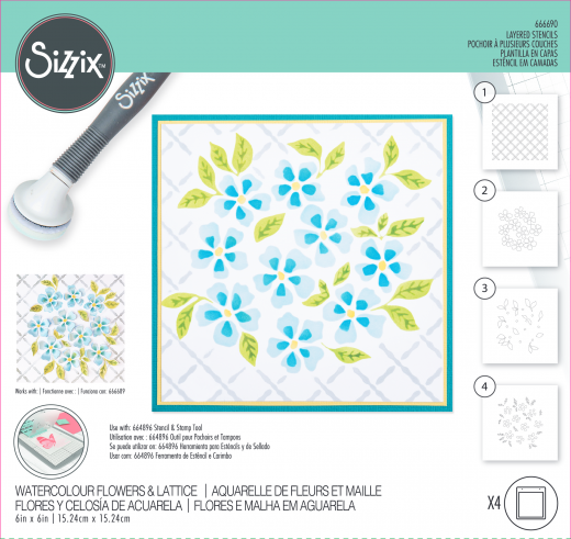 Sizzix - Layered Stencil by Eileen Hull - Watercolour Flowers & Lattice