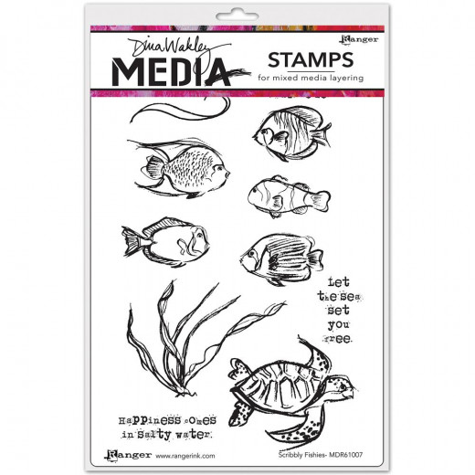 Dina Wakley Media Cling Stamps - Scribbly Fishes