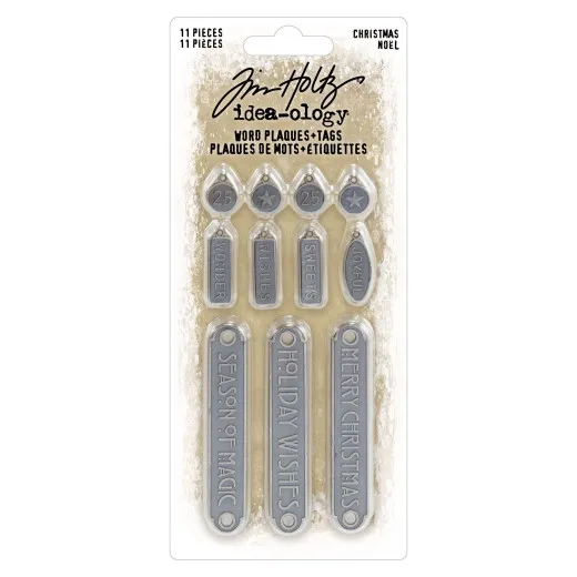 Tim Holtz Idea-Ology Word Plaques + Tags Christmas 2025, 11-teiliges Set mit Metallverzierungen in Silber auf Blisterverpackung