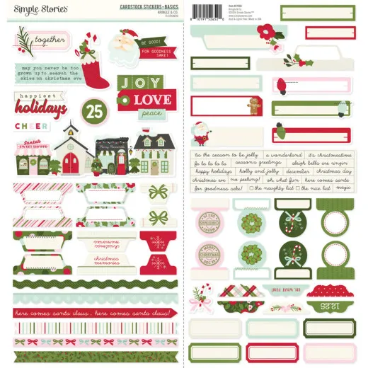 Simple Stories 12x12 Cardstock Stickers Basics Kringle & Co.: zwei Bogen mit Rahmen, Etiketten, Wortstickern und Bordüren, 75 Sticker