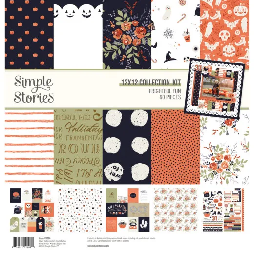 Gesamtübersicht des 12x12-Collection-Kits „Frightful Fun" mit 6 doppelseitigen Designpapieren, Stickerbogen und Beispiel-Layout.