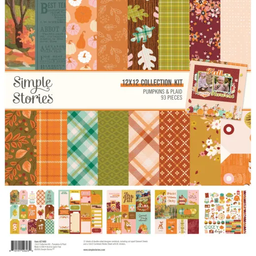 Simple Stories 12x12 Collection Kit Pumpkins & Plaid: Verpackung mit Papierstreifen, Beispiel-Layout und Elementebogen-Vorschau, 93 Teile