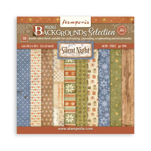 Verpackung der Stamperia 12x12 Maxi Background Selection Silent Night mit 10 doppelseitig bedruckten Hintergrundbogen in winterlichen Mustern.