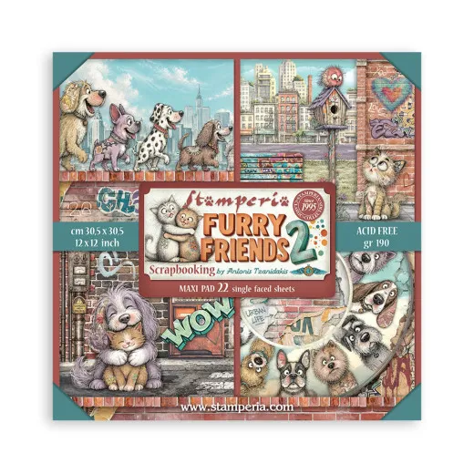 Cover des 12x12 MAXI Paper Pads Furry Friends 2 mit Hunden, Katzen und Graffiti-Wand