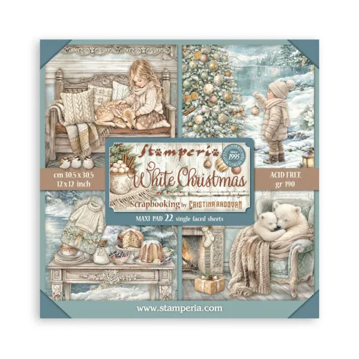 Verpackung des Stamperia 12x12 Maxi Paper Pads White Christmas mit 22 einseitig bedruckten Bogen, gleiche Motivcollage wie die 8x8-Variante.