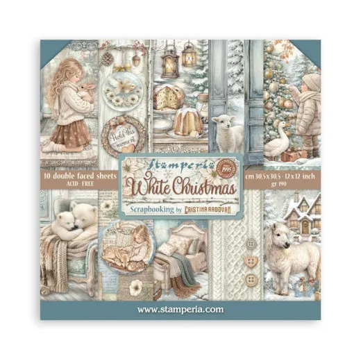 Verpackung des Stamperia 12x12 Paper Packs White Christmas mit 10 doppelseitig bedruckten Bogen, gleiche Motivcollage wie die 8x8-Variante.