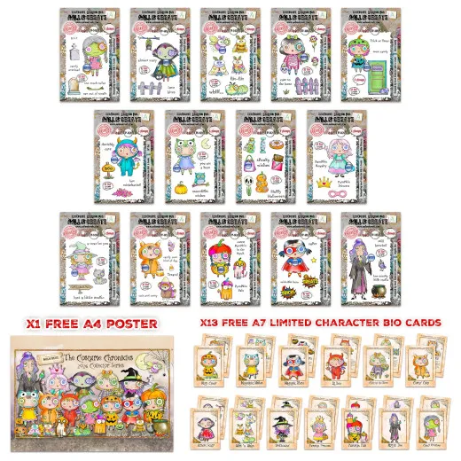 Aall & Create Clear Stamps Bundle mit 14 Stempelsets von Janet Klein in Costume Chronicles Design, enthält bunte Charaktere und Szenen