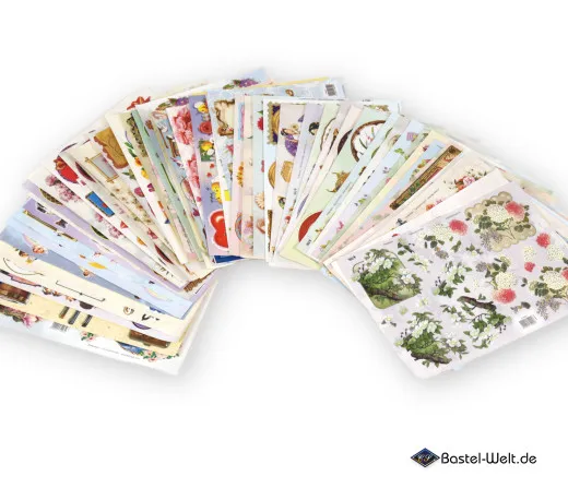 60 verschiedene 3D-Bögen mit Prägung, gefächert ausgebreitet mit floralen und tierischen Motiven