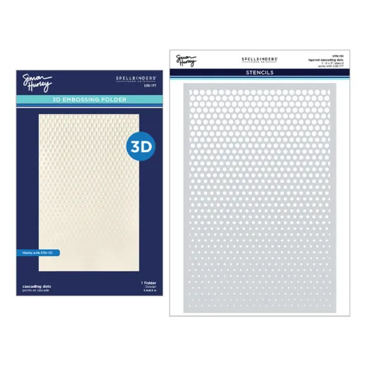 Prägefolder und Schablone im Set mit cremefarbenem Punktmuster 'Cascading Dots'.