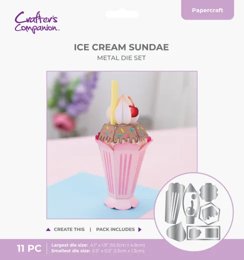 3D-Papierbox in Form eines Eisbechers mit Schokoladen-Streuseln, Kirsche und Strohhalm.
