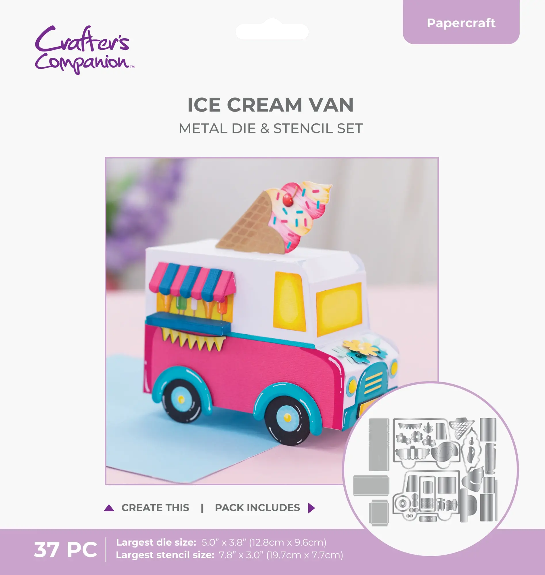 3D-Papiermodell eines Eiswagens mit rosa-türkisem Design und Eistüten-Aufsatz.