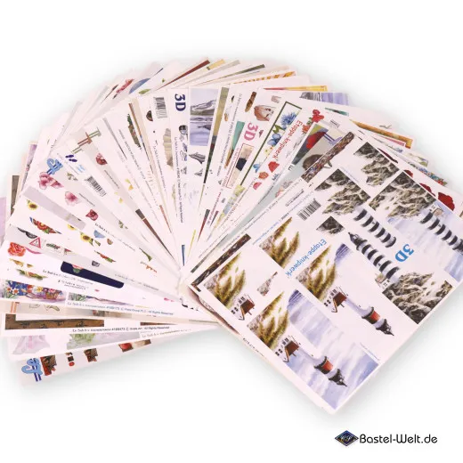 60er Set 3D-Bögen mit verschiedenen Motiven wie Leuchttürme, Rosen, Teddybären und Vintage-Figuren, Format 30,5x30,5 cm