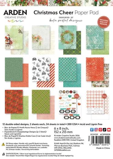Verpackter Papierblock im Format 6x8 Inch mit 12 doppelseitigen Weihnachtsdesigns inklusive Kiss-Cut-Stanzbogen