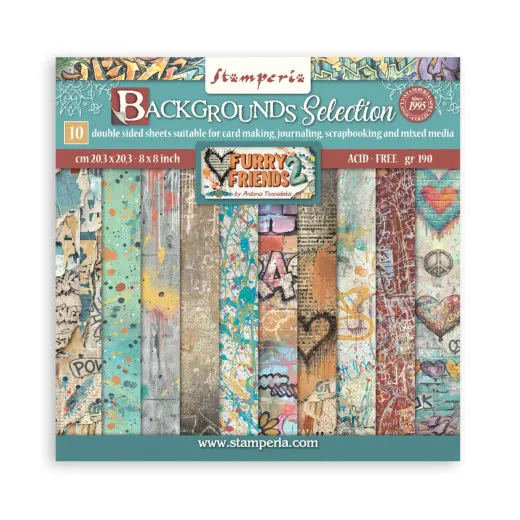 Cover des 8x8 Paper Packs Backgrounds Selection mit Streifen verschiedener Street-Art-Hintergründe