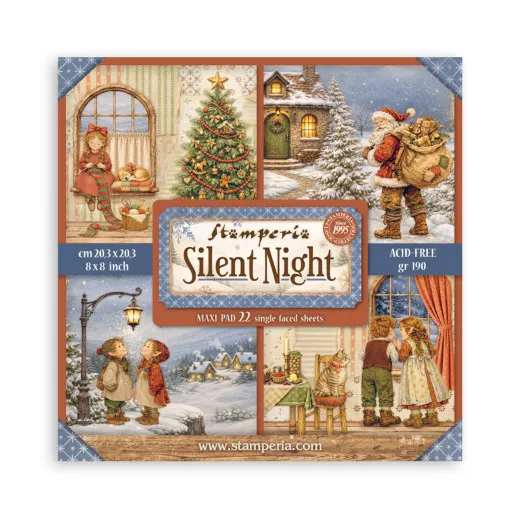 Verpackung des Stamperia 8x8 Maxi Paper Pads Silent Night mit 22 einseitig bedruckten Bogen, Motivcollage aus Mädchen am Fenster, Weihnachtsbaum, Winterhaus und Weihnachtsmann.