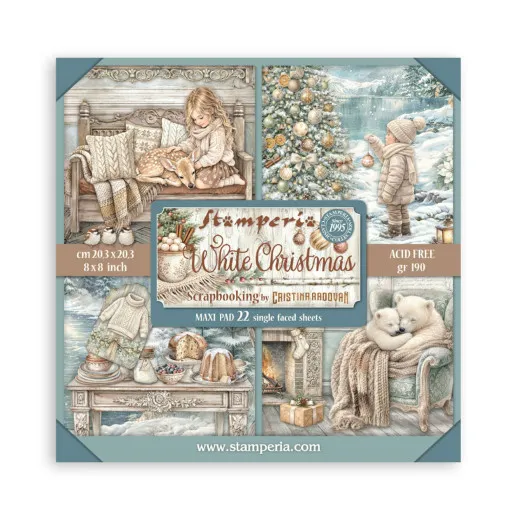 Verpackung des Stamperia 8x8 Maxi Paper Pads White Christmas mit 22 einseitig bedruckten Bogen, Motivcollage aus Mädchen mit Reh, Weihnachtsbaum am See und Eisbären am Kamin.