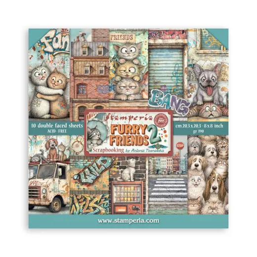 Cover des 8x8 Paper Packs Furry Friends 2 mit Katzen, Hunden, Lieferwagen und Graffiti