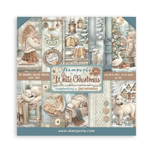 Verpackung des Stamperia 8x8 Paper Packs White Christmas mit 10 doppelseitig bedruckten Bogen, Motive: Mädchen mit Reh, Weihnachtsbaum am See, Eisbären.