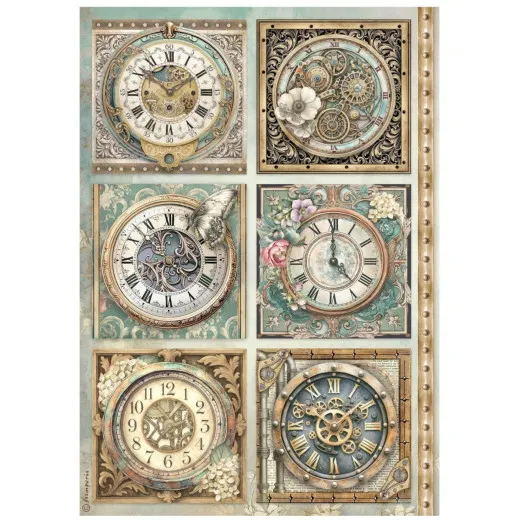 Stamperia Rice Paper - Gardens of Time - 6 Clocks by Antonis Tzanidakis