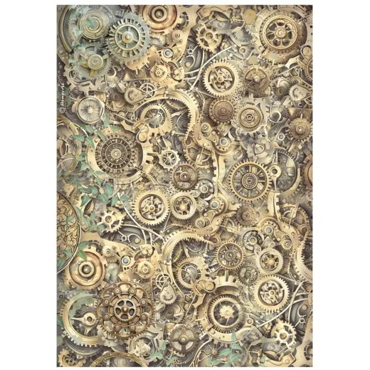 Stamperia Rice Paper - Gardens of Time - Gears Pattern by Antonis Tzanidakis