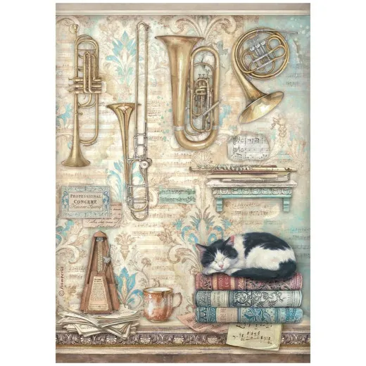 Stamperia Rice Paper - Symphony by Sara Alcobendas - Trumpets and Cat