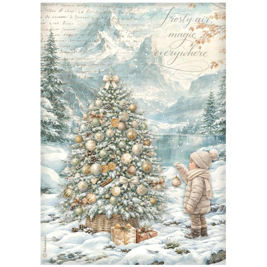 Stamperia Rice Paper - White Christmas by Cristina Radovan - Tree by the Lake