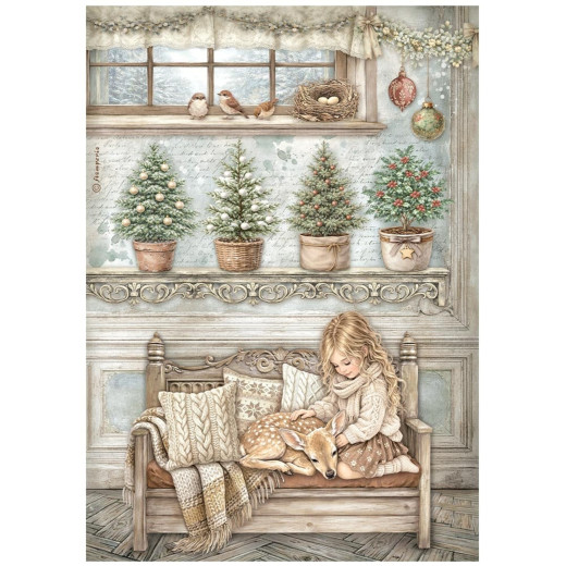 Stamperia Rice Paper - White Christmas by Cristina Radovan - Little Girl and a Fawn
