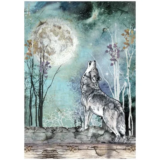 Stamperia Rice Paper - Cosmos - Wolf and Moon by Cristina Radovan