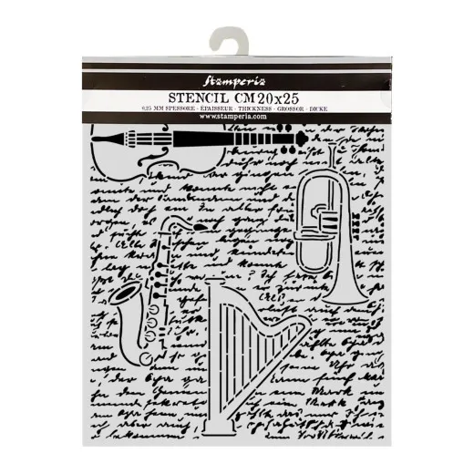 Stamperia Thick Stencil - Symphony - Violin, Trumpet, Harp by Sara Alcobendas