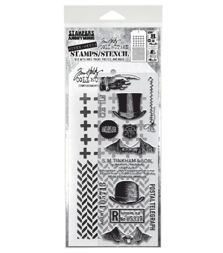 Tim Holtz Mixed-Media Stamps & Stencil - Set #16 - Plus and Herringbone
