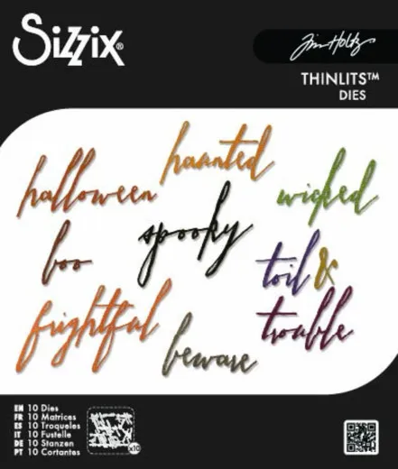 Verpackungsfoto der Thinlits-Stanzformen mit handschriftlichen Halloween-Wörtern wie „halloween", „haunted" und „wicked" in verschiedenen Farben.
