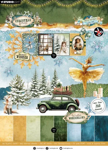 Verpackung des A4-Stanzpapierblocks mit Collage aus Winterlandschaft, Auto und Ballerina-Motiven