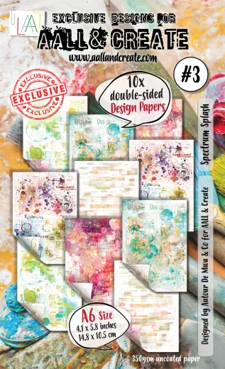 Verpackung von AALL & Create mit 10 doppelseitigen A6-Designpapieren in Mixed-Media-Optik mit bunten Farbspritzern