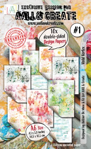 Verpackung von AALL & Create mit 10 doppelseitigen A6-Designpapieren in Mixed-Media-Optik mit rosa, grünen und goldenen Farbspritzern