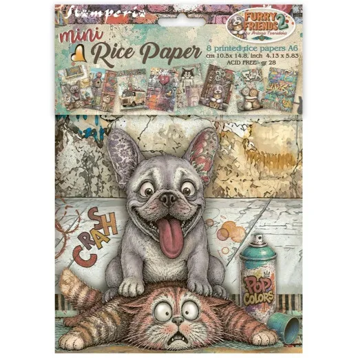 Verpackung der A6 Mini Rice Papers mit Französischer Bulldogge über verdutzter Katze vor Graffiti-Wand
