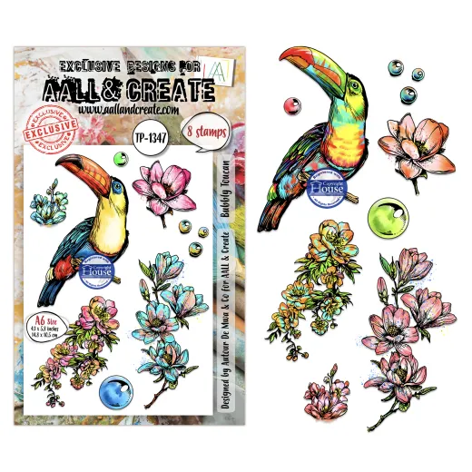 Aall & Create Clear Stamps Set Bubbly Toucan A6 mit Tukan und Blumenmotiven
