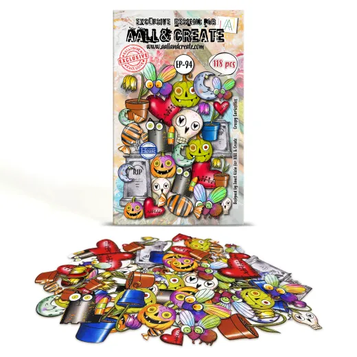 Ephemera Die-Cuts Nr. 94 Skulls & Spells mit 118 bunten Stanzteilen, Packung und ausgebreitete Designs mit Schädeln, Kürbissen und Blüten