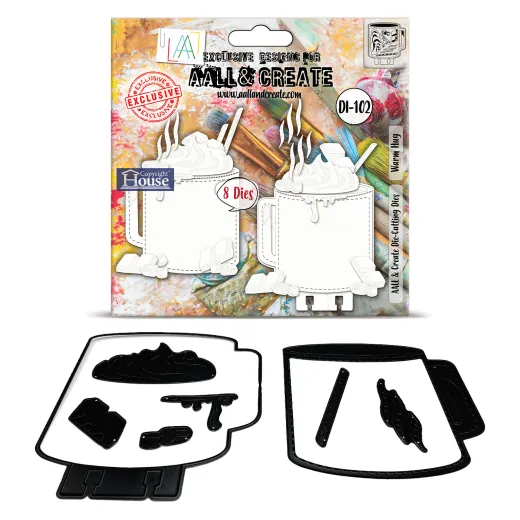 Aall & Create Stanzschablonen Set Warm Hug mit Tassen- und Kakao-Motiven sowie schwarzen Metall-Stanzformen