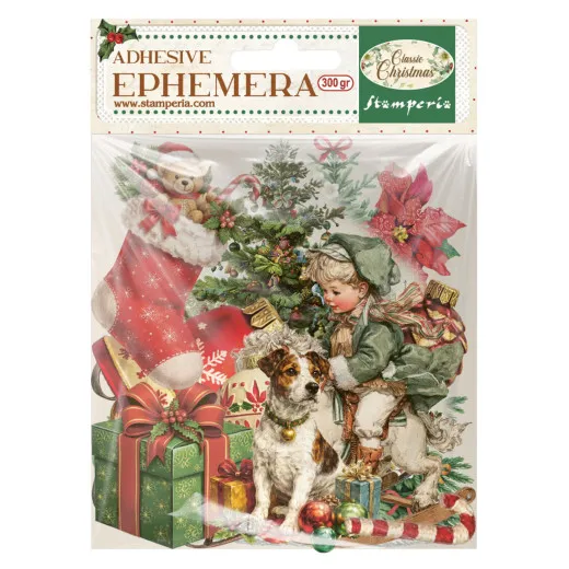Verpackung der Stamperia Adhesive Ephemera Classic Christmas mit selbstklebenden Motiven wie Strumpf, Teddy, Junge mit Hund und Weihnachtsstern.