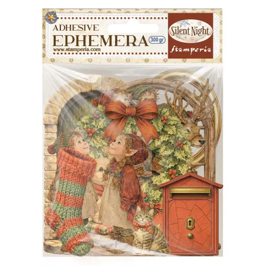 Verpackung der Stamperia Adhesive Ephemera Silent Night mit selbstklebenden Motiven wie Elfenkindern, Kranz und rotem Briefkasten.