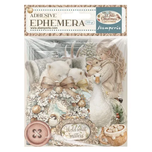 Verpackung der Stamperia Adhesive Ephemera White Christmas mit selbstklebenden Motiven wie Eisbären, Kranz und Mädchen mit Gans.
