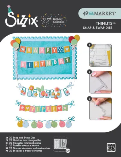 Verpackung der Sizzix Snap and Swap Thinlits Stanzform 'All About Banners' von 49 and Market mit Wimpelketten-Motiven
