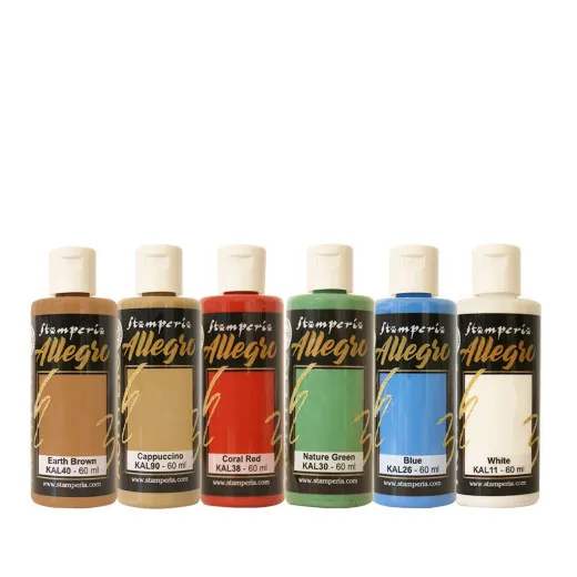 Sechs Flaschen Stamperia Allegro-Farbe in den Tönen Earth Brown, Cappuccino, Coral Red, Nature Green, Blue und White, je 60 ml.