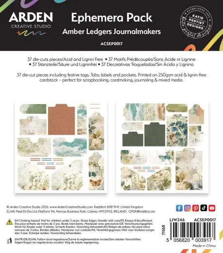 Arden Creative Studio Amber Ledgers Ephemera Pack mit 37 Stanzteilen in Vintage-Optik.