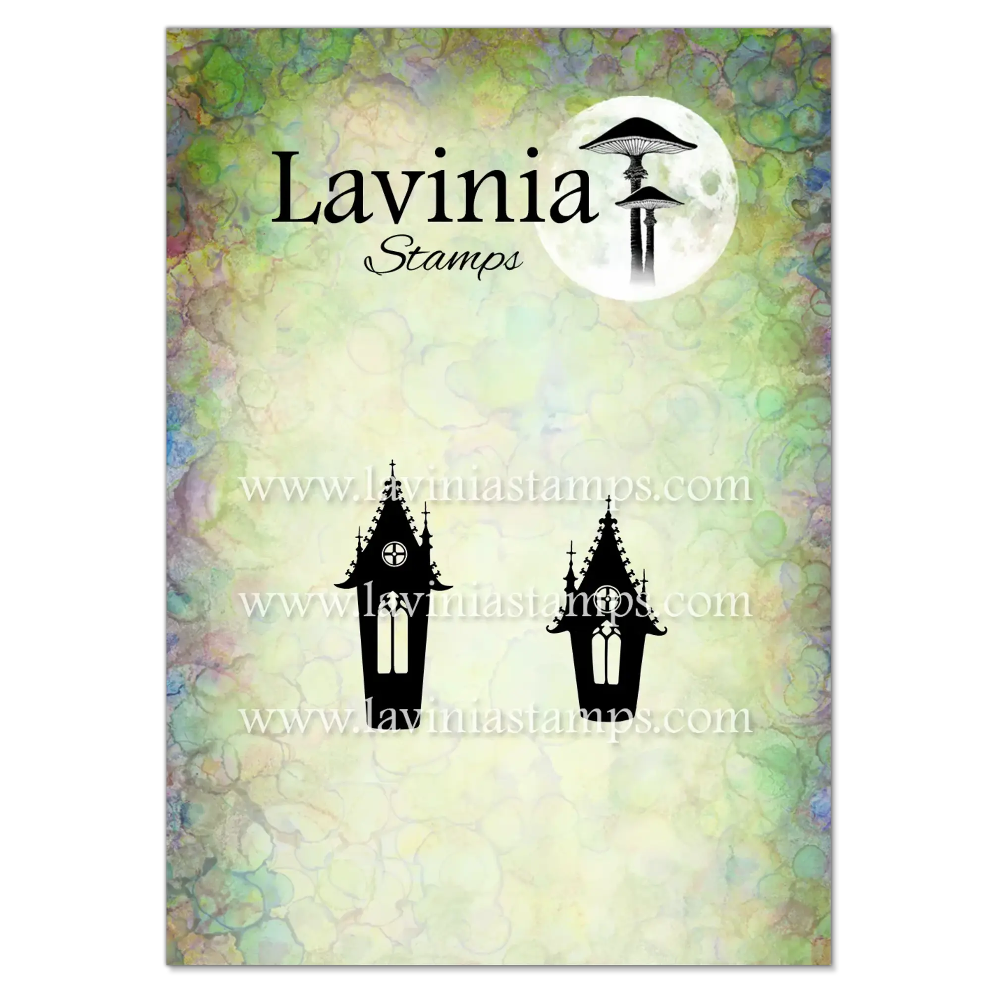 Silhouetten zweier kleiner gotischer Kapellen mit Rundfenstern und spitzen Türmchen als Lavinia-Stempelmotiv