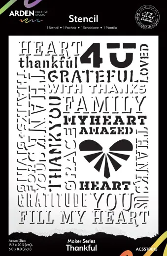Arden Creative Studio Maker Series Stencil Thankful von Katie Pertiet im Format 15,2x20,3 cm mit Dankbarkeitsmotiven