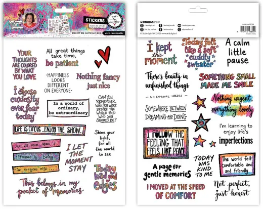 Zwei Stickerbögen mit bunt handgeschriebenen Sprüchen, Sternen und Herzen in Pink, Türkis und Orange, Serie Art by Marlene