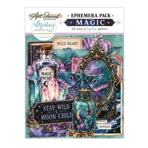 Verpackung des Ephemera-Packs 'Magic' mit Kristallflaschen, Nachtfalter und mystischem Spiegel.
