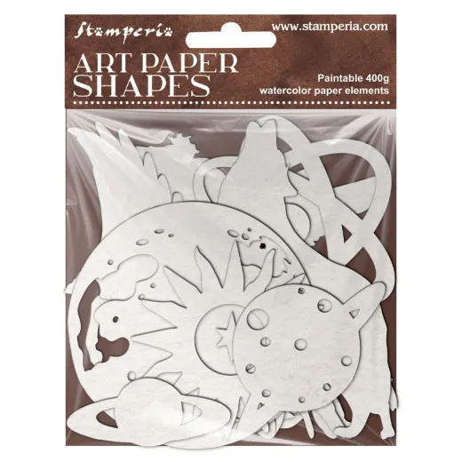 Tüte mit weißen Art Paper Shapes Cosmos: Planeten, Sonne, Mond und Wolf aus Aquarellpapier