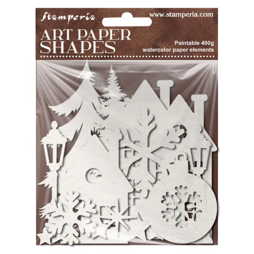 Verpackung der Stamperia Art Paper Shapes Laser Cut Christmas mit bemalbaren 400g-Papierformen wie Tannen, Häusern, Laterne und Schneeflocken.